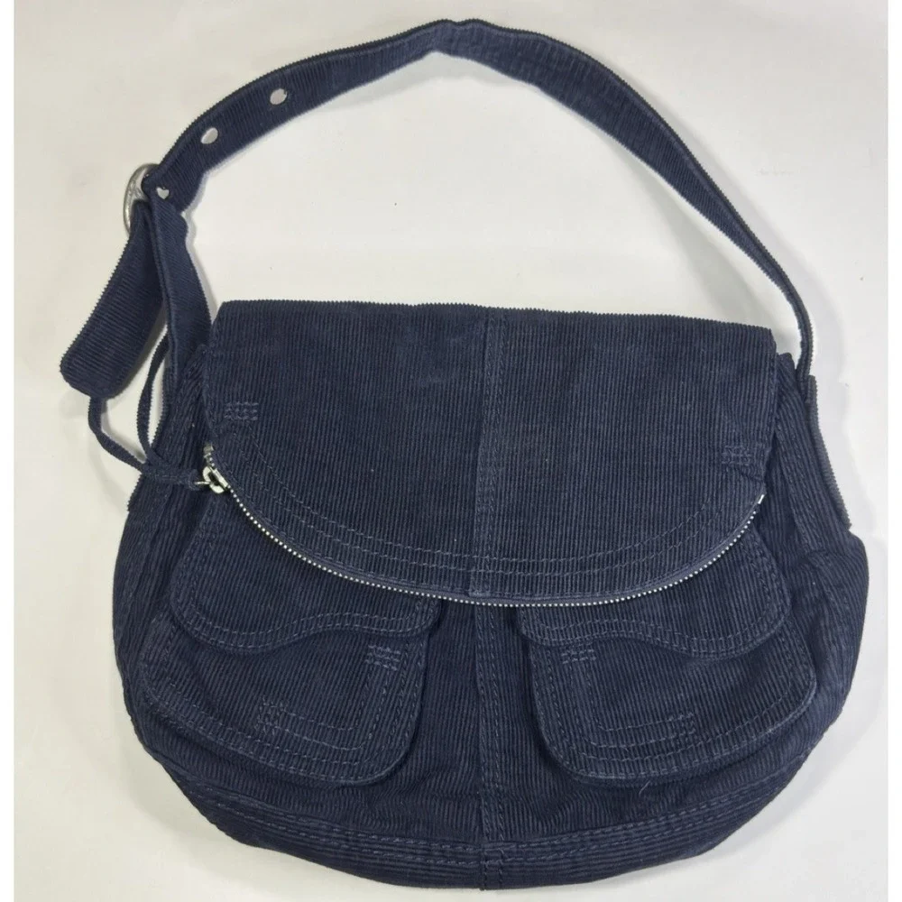Lucky Corduroy Purse Blue Y2K Hobo Slouchy Cargo Saddle Shoulder Bag Festival